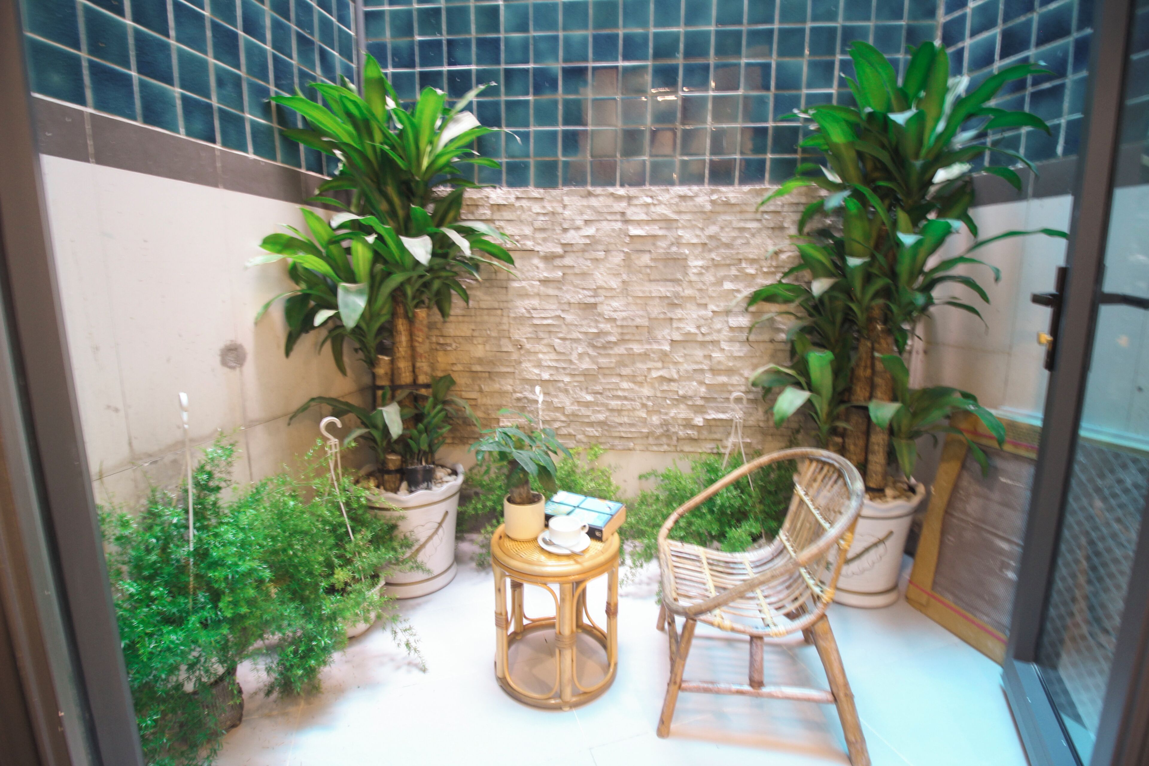 Un petit patio clos, agrémenté de plantes en pot, d’une chaise en osier et d’une petite table.
