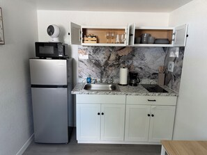 Una cucina compatta con frigorifero, microonde, lavello e pensili.