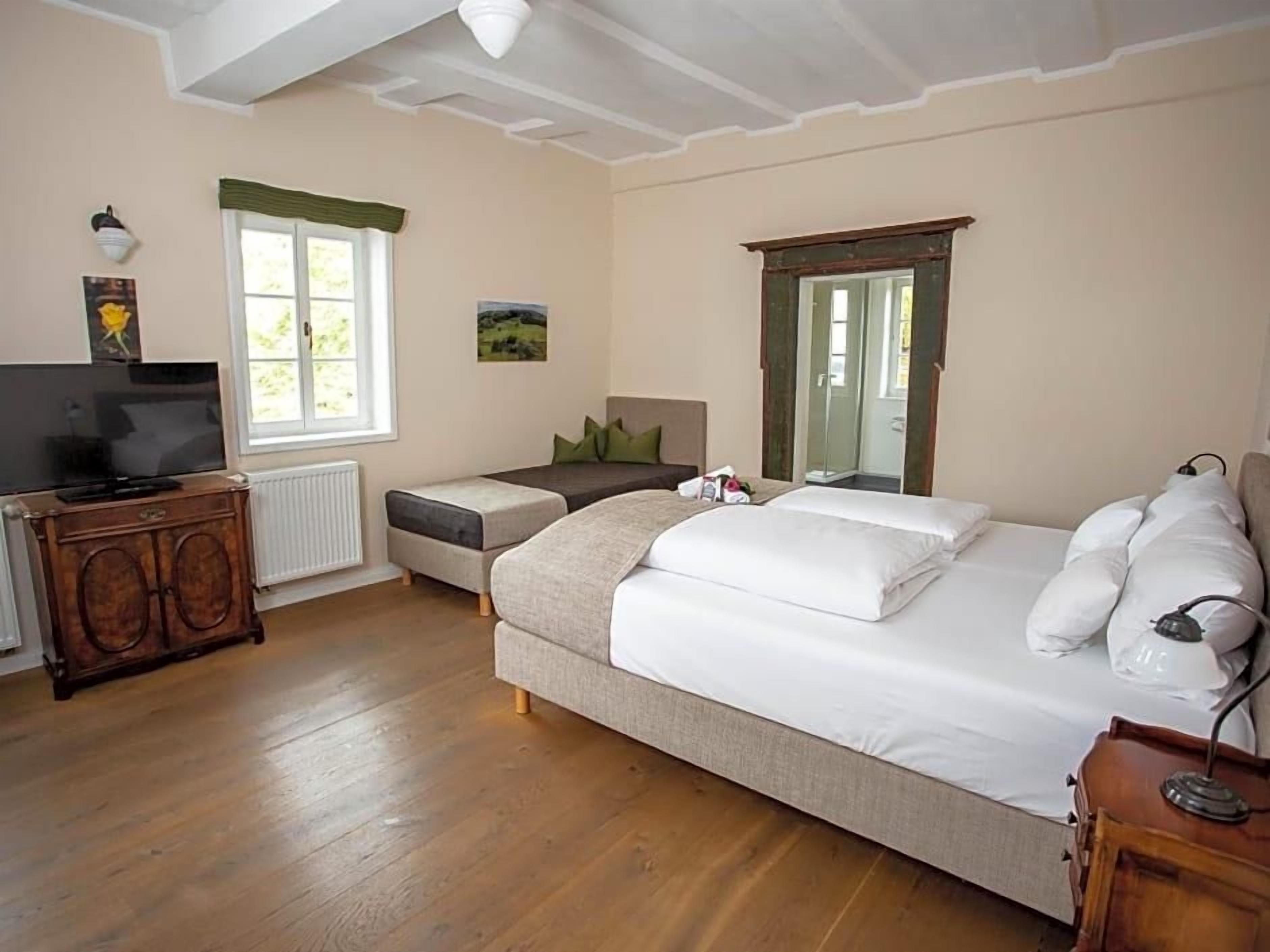 Une chambre à coucher avec un lit, une télévision, une fenêtre et un radiateur.