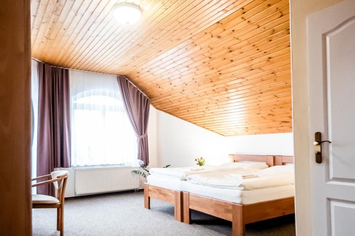 A room with a sloped wooden ceiling, a bed, a chair, and a radiator.