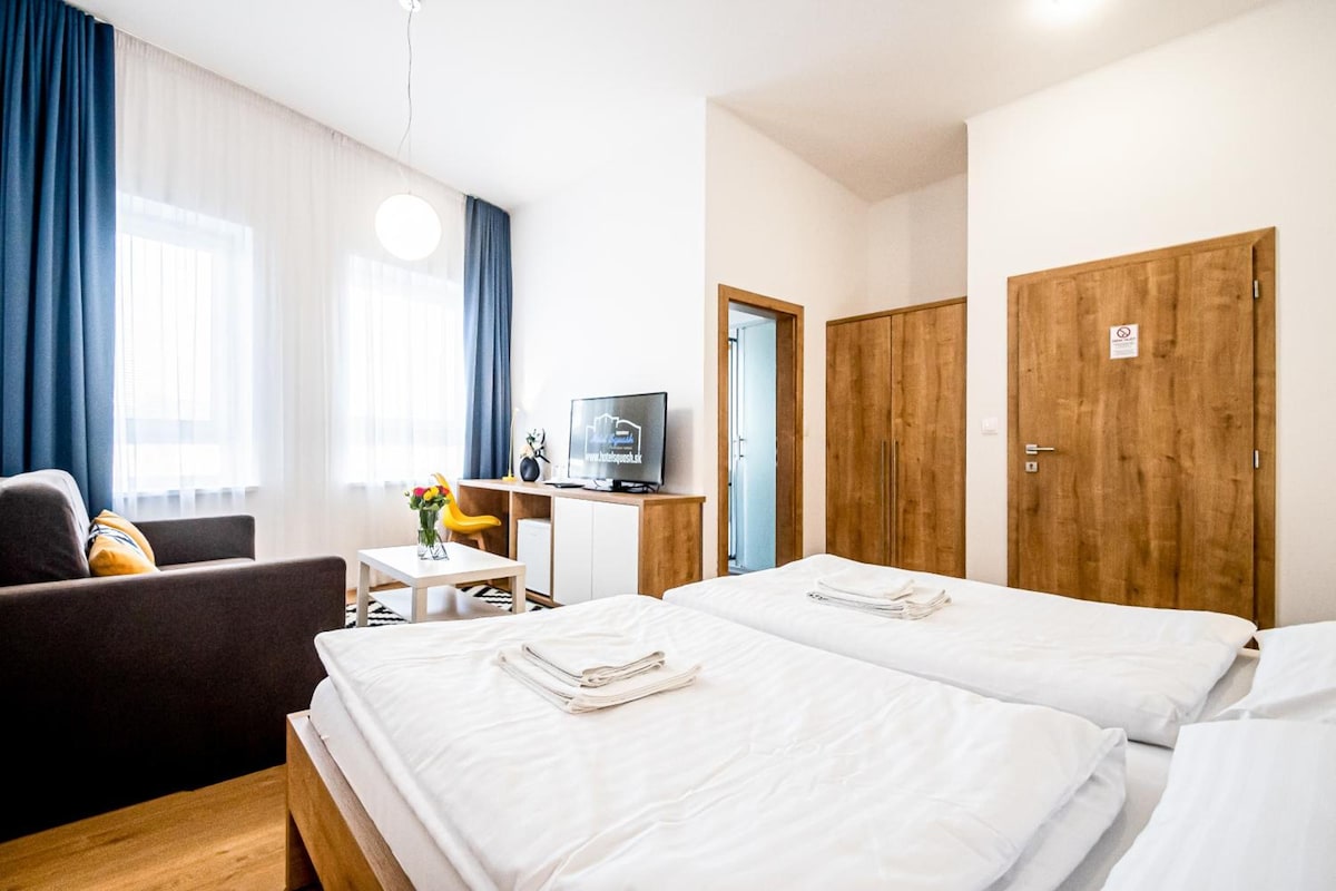 Una habitación de hotel con dos camas, un escritorio con una computadora, una silla y un televisor.