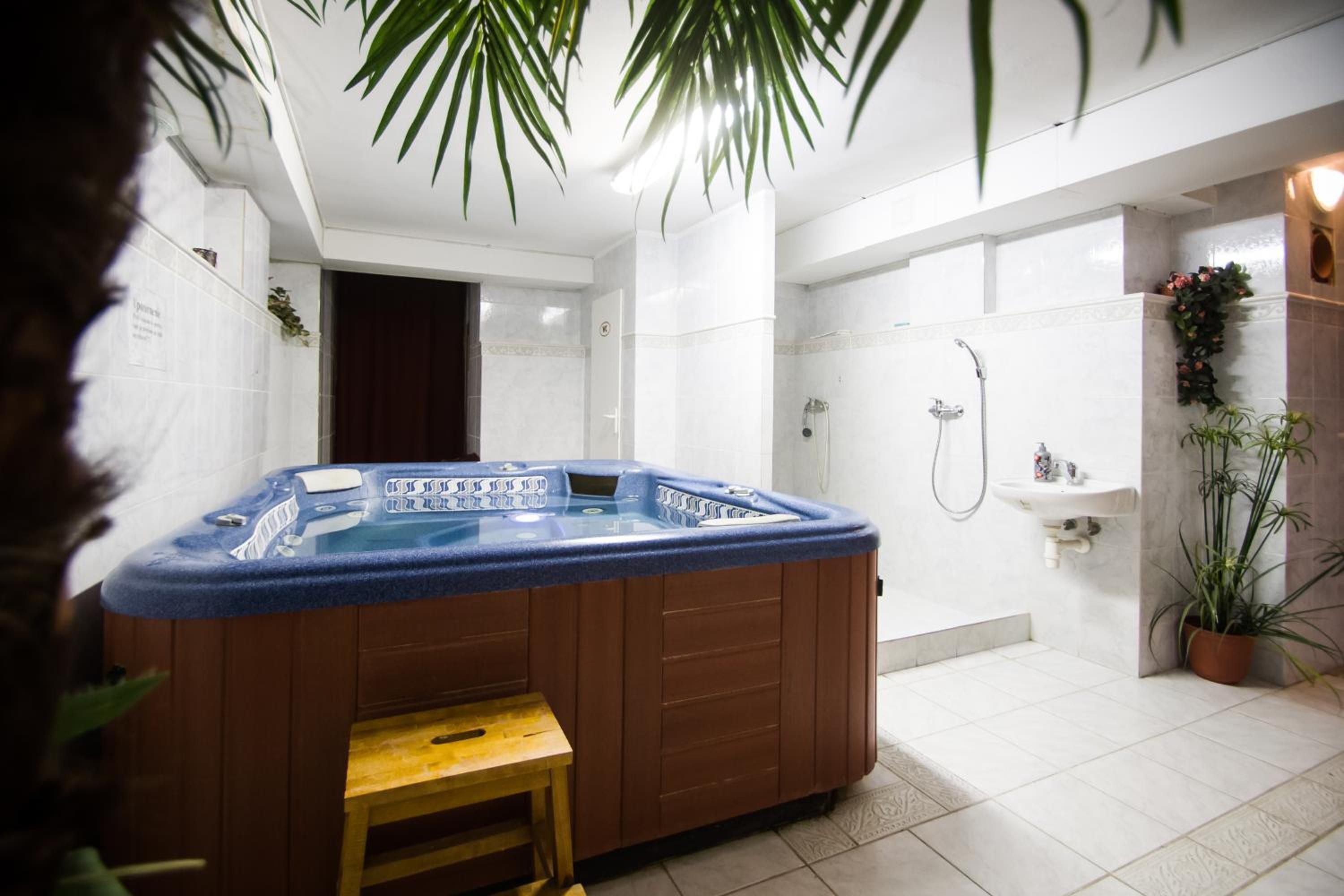 A modern bathroom with a hot tub, shower, and a small sink.