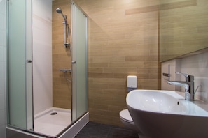 Un baño moderno con ducha envuelta en vidrio, un lavamanos blanco y un inodoro.