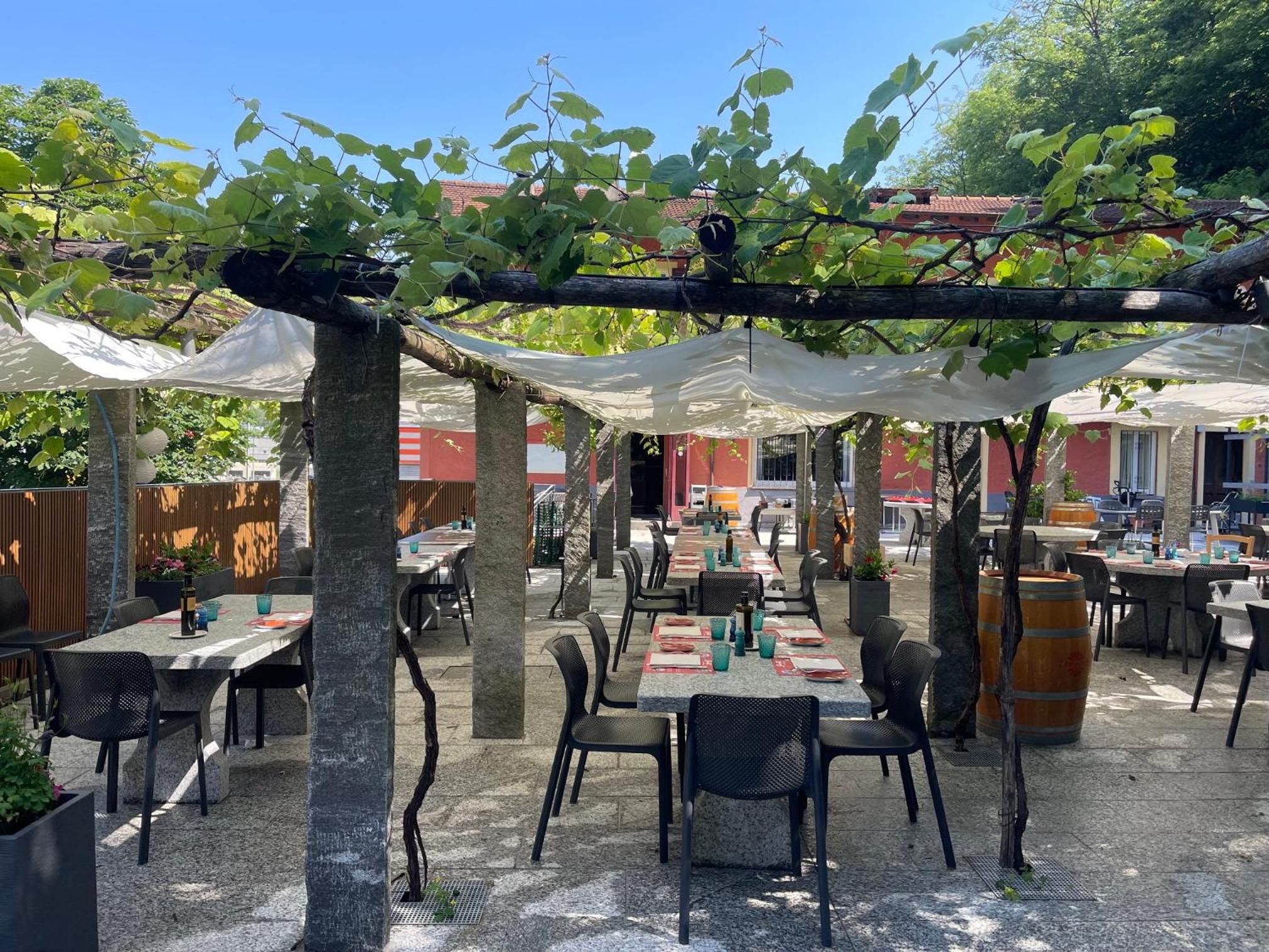 An outdoor dining area with tables and chairs, covered by a canopy, and surrounded by trees.