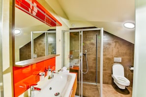 A modern bathroom with a glass-enclosed shower, a white sink, and a mirror above the sink. - Villa Aurelie (Velke Losiny)