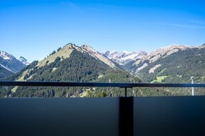 Un paysage de montagne avec un ciel dégagé, une balustrade de balcon et une vue sur les montagnes.