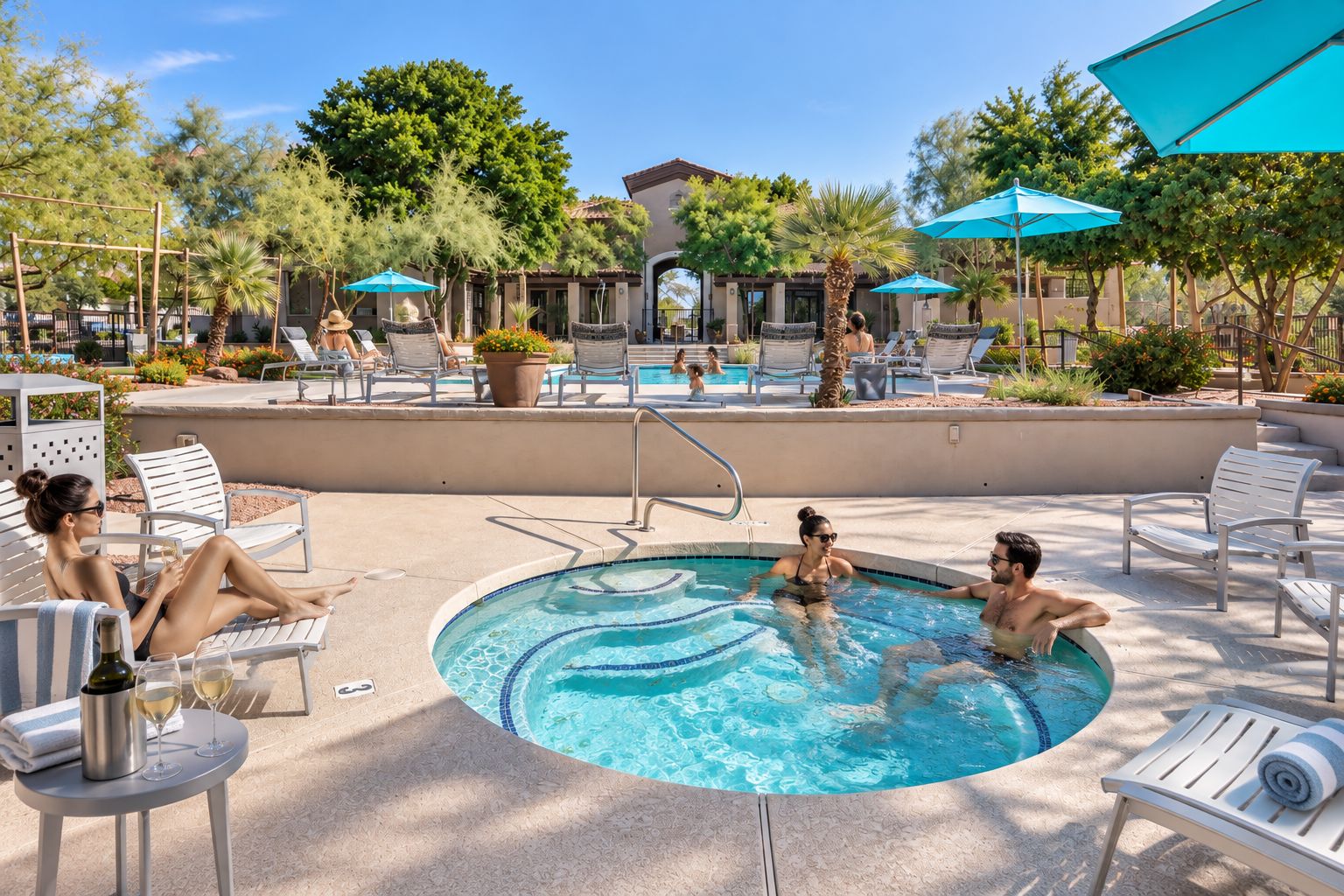 A poolside area with lounge chairs, a swimming pool, and a building in the background.