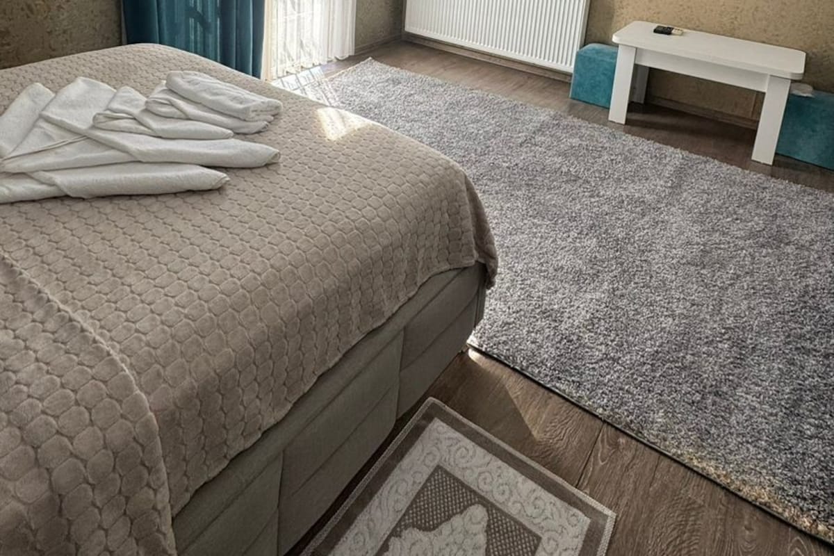 A bedroom with a bed, a radiator, a television, and a window with curtains.