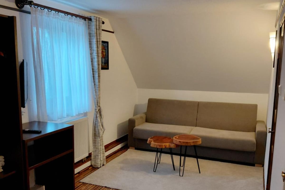 A room with a sofa, two small tables, a television, and a radiator.