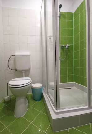 A bathroom with a toilet, a shower with a glass door, and green tiled walls.