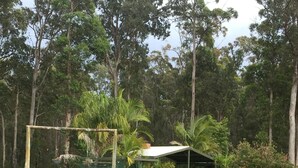 A covered outdoor seating area with tables and chairs, surrounded by greenery and trees. - Snowy River Lodge Motel (Newmerella)