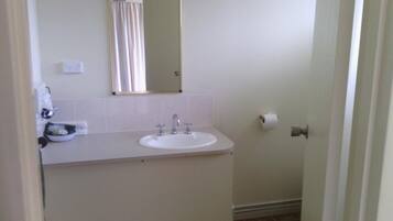 A bathroom with a sink, mirror, and toilet paper.