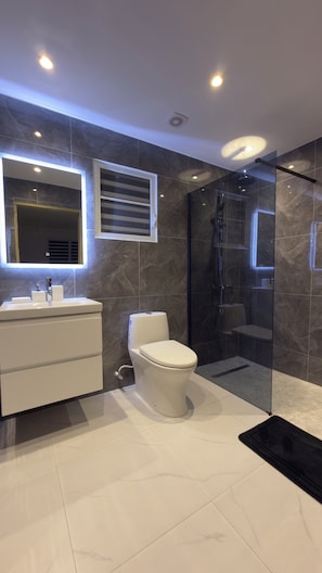 Une salle de bain moderne équipée de toilettes, d’un meuble-lavabo et d’une douche séparée par des parois en verre.