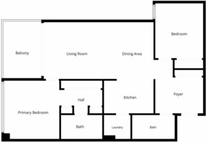 A floor plan with a balcony, living room, dining area, bedroom, foyer, primary bedroom, hall, kitchen, two bathrooms, and a laundry room. - Balcony, Dining and 2 Car Spaces (Barton)