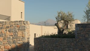 A modern building with stone walls and a tree in the foreground. - Neme Slow Living Retreat (Rethymno)