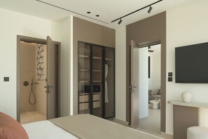 A modern bedroom with a bed, a walk-in closet, a shower, and a television mounted on the wall.