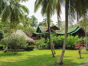 Un resort tropical con construcciones de techo de paja y exuberante vegetación.