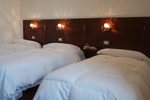 A hotel room with two single beds, each with a white duvet and pillows. There are wall-mounted reading lamps on either side of the beds. - Hotel Livio (Brescia)