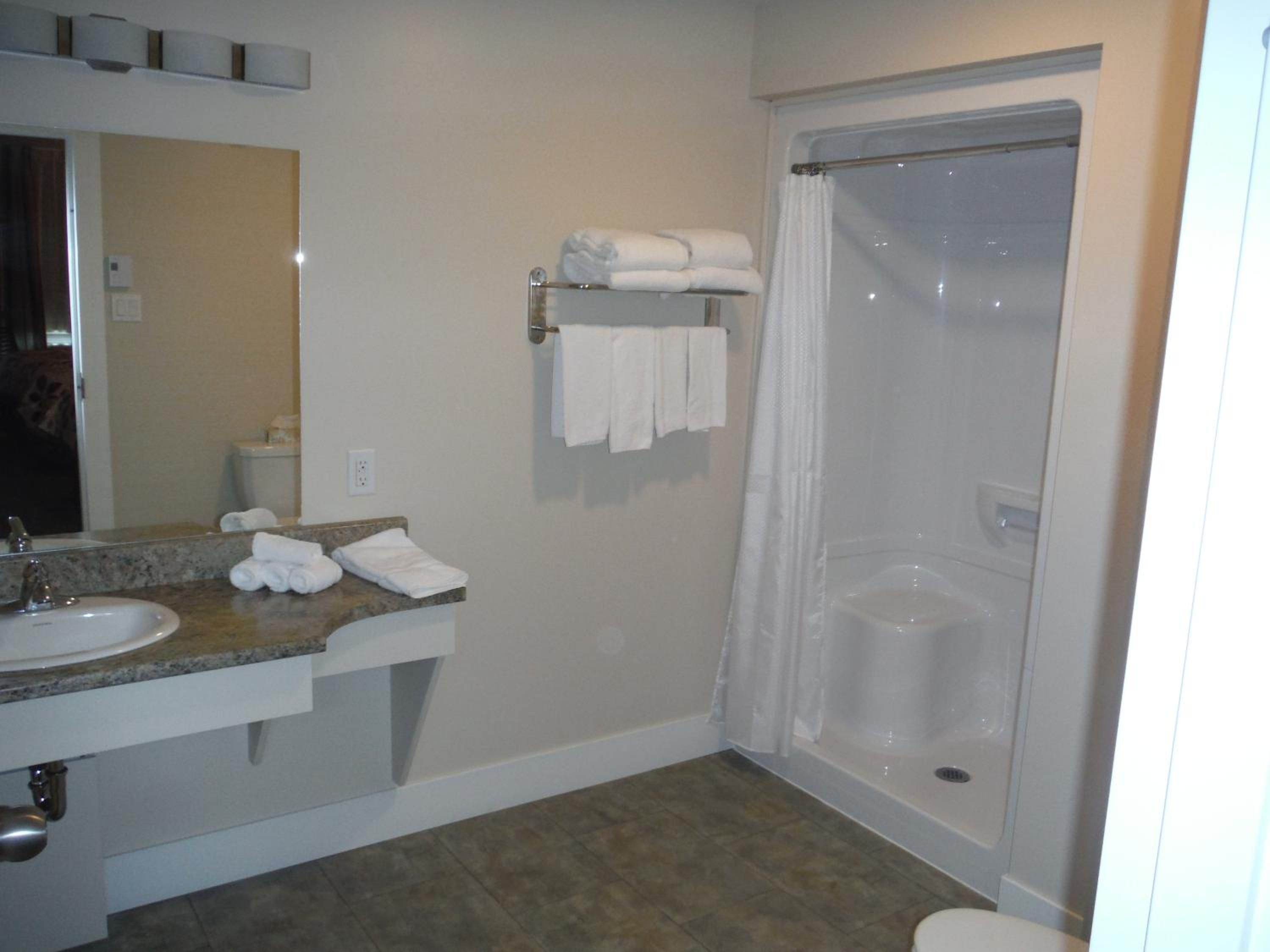 A bathroom with a sink, mirror, towel rack, and shower.