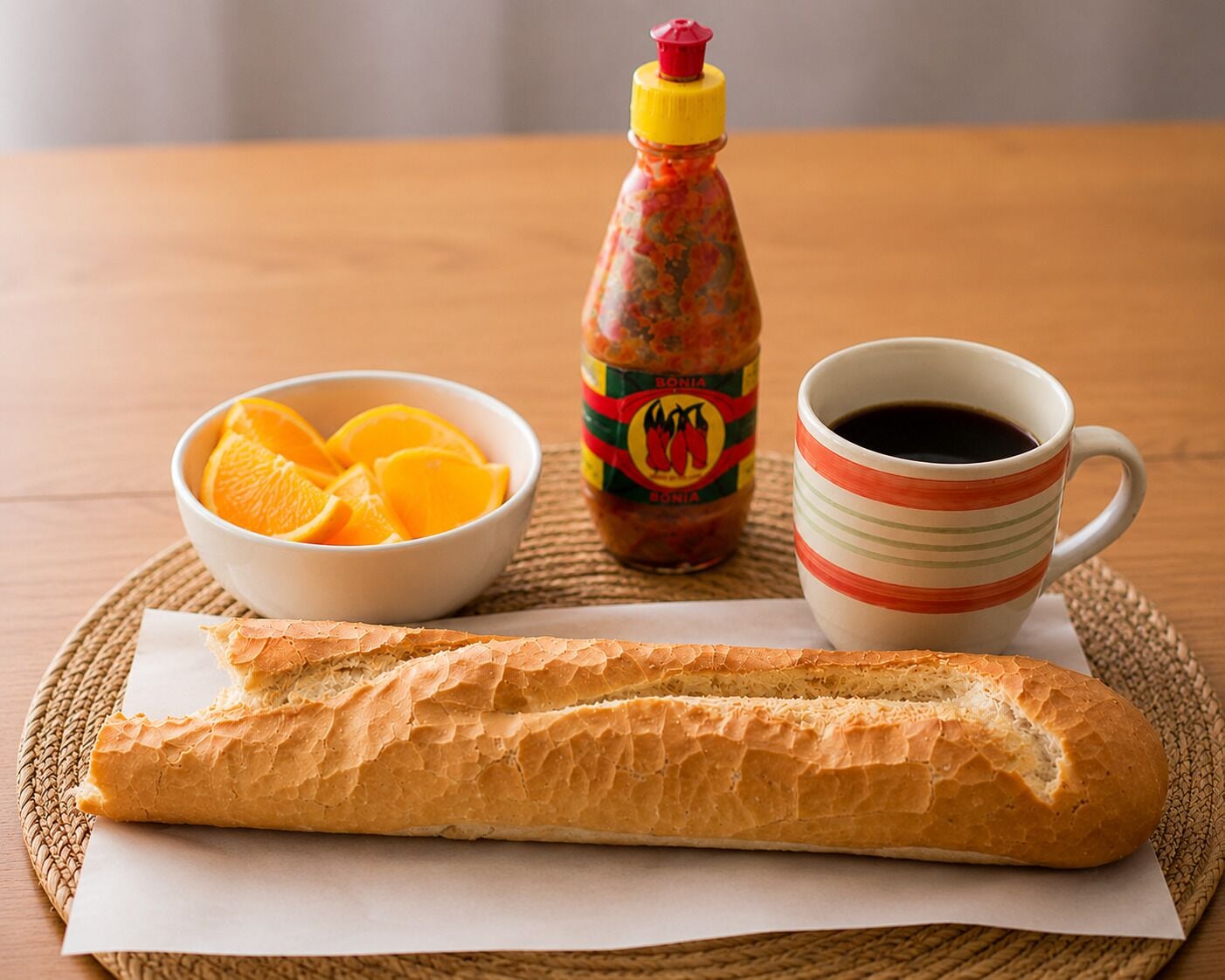 A baguette, a bowl of orange slices, a bottle of hot sauce, and a striped mug on a woven placemat.