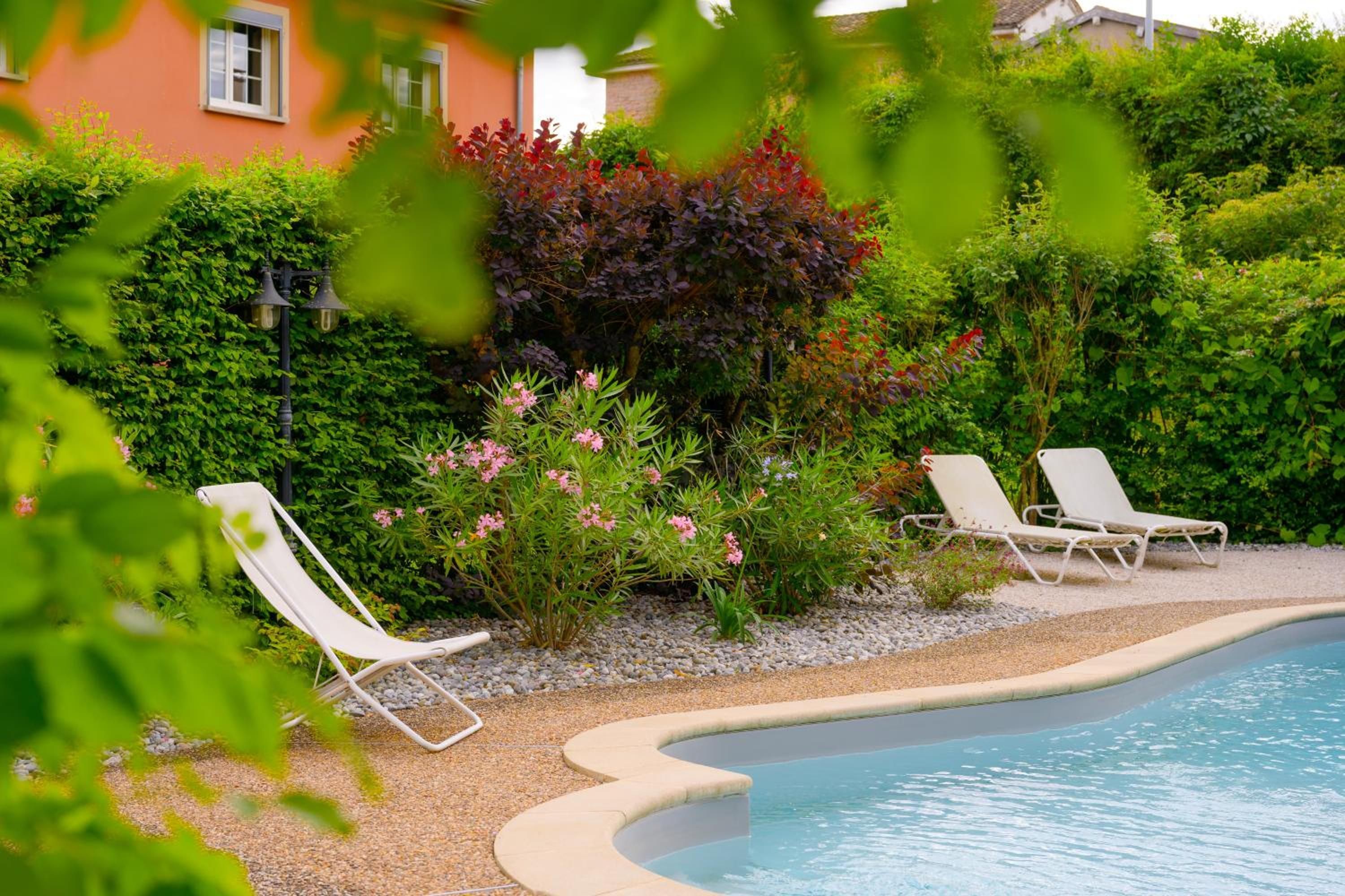 Un espace piscine agrémenté de deux chaises longues et de diverses plantes.