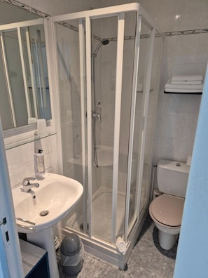 A bathroom with a glass-enclosed shower, a sink with a mirror, and a toilet. - Hôtel Glann Ar Mor (Arzon)