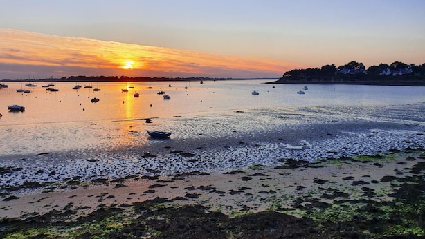 Escena costera con barcos en aguas tranquilas, una puesta de sol y una orilla con vegetación.