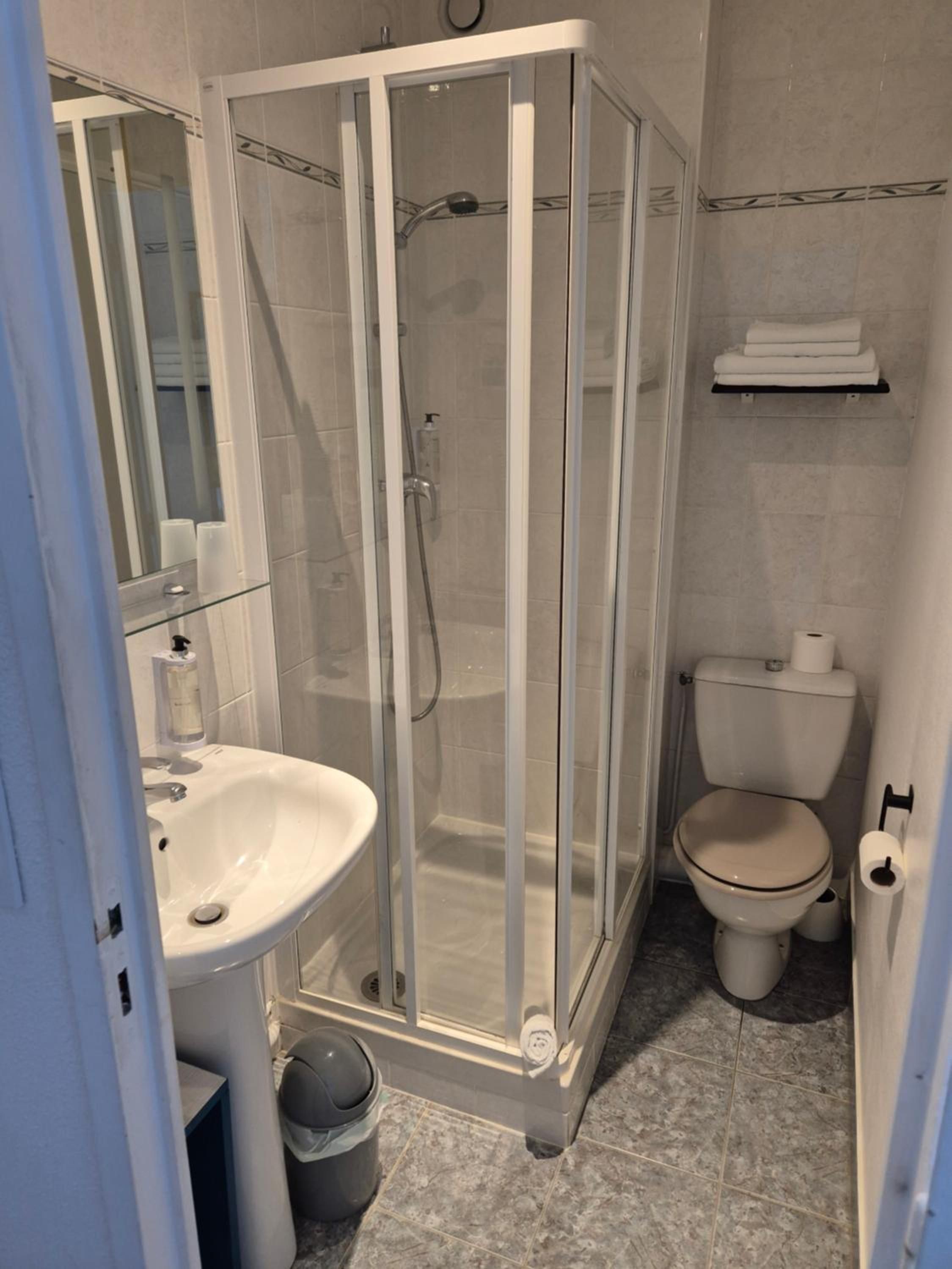 Une salle de bain avec une douche à parois de verre, un lavabo, des toilettes et un miroir.