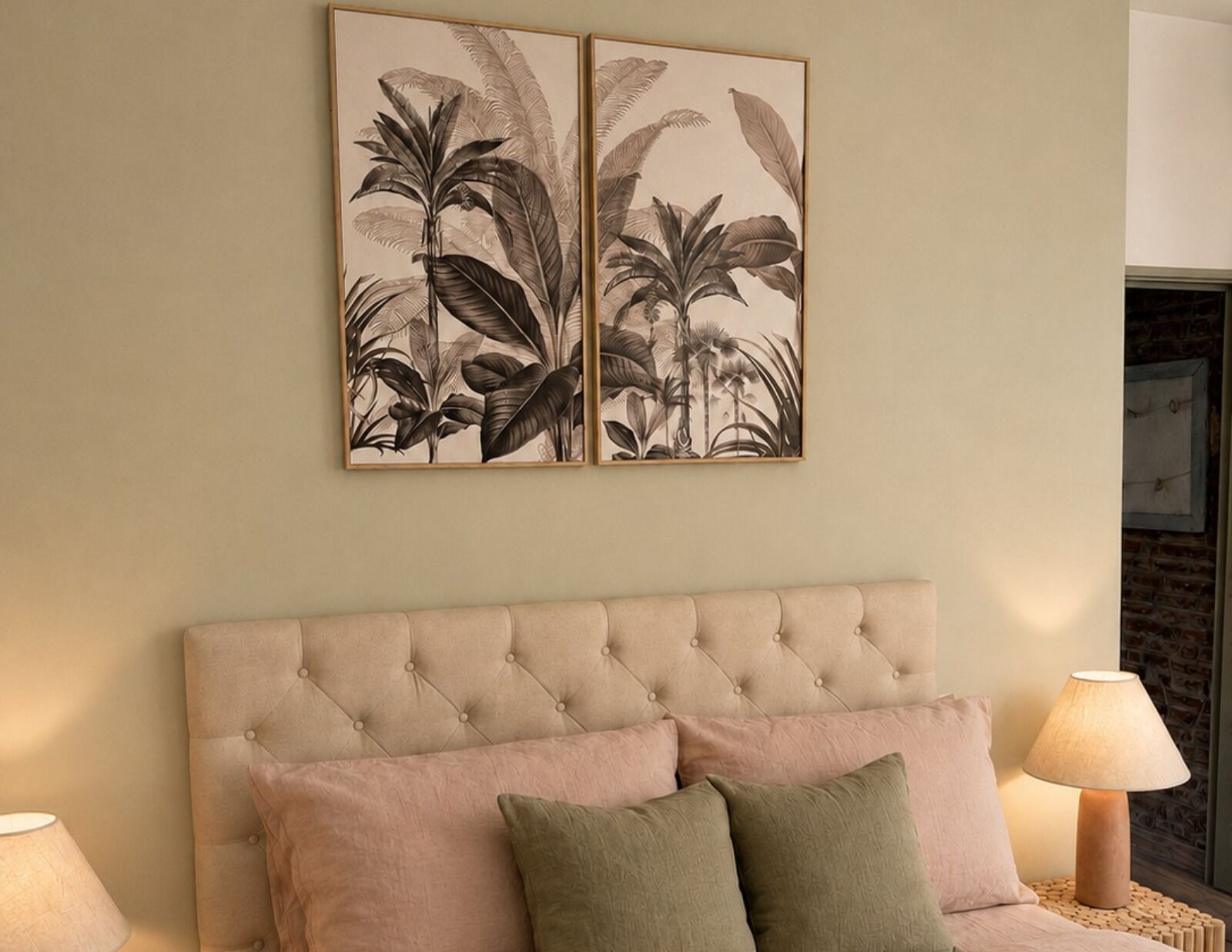 A room with a tufted headboard, two pillows, a wall-mounted plant artwork, and a lamp on a side table.