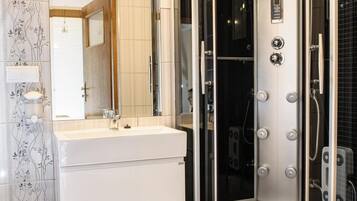 A modern bathroom with a curved shower enclosure, a vanity with a mirror, and a toilet.