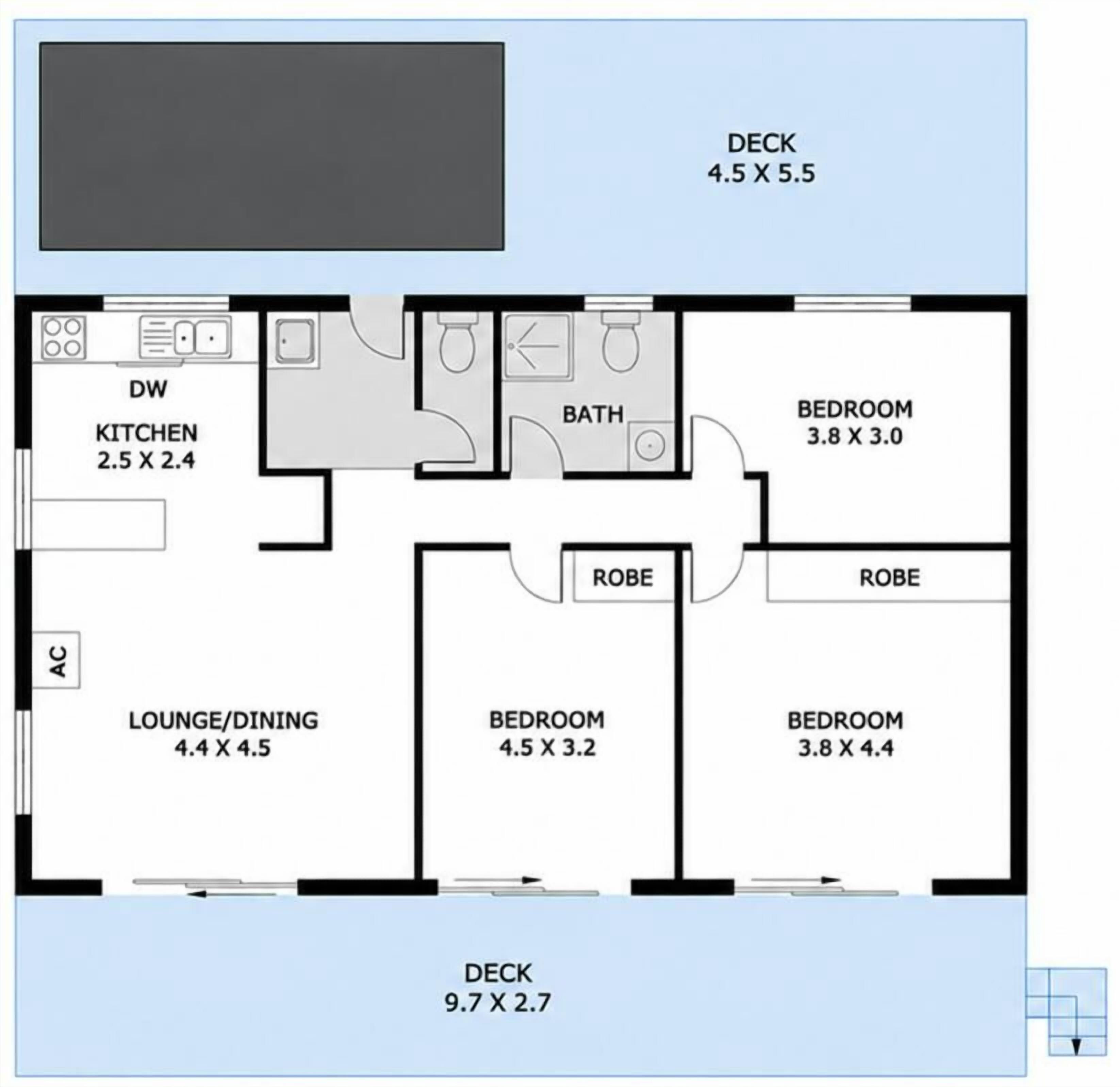 Plano de planta de un hotel con una terraza de 4.5 por 5.5 metros, cocina de 2.5 por 2.4 metros, salón/comedor de 4.4 por 4.5 metros y dormitorios de 3.8 por 3.0 metros.