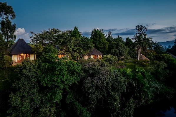 A tropical resort with thatched-roof cottages surrounded by dense greenery.