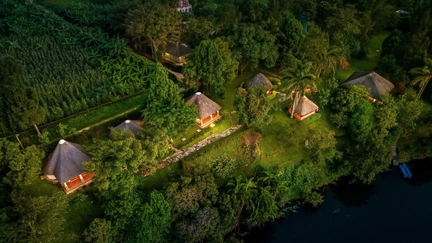 A tropical resort with multiple thatched-roof cottages surrounded by dense greenery and a body of water.