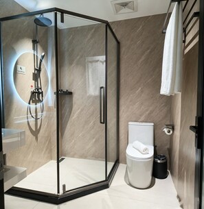 Een moderne badkamer met een douche met glazen wand, een toilet en een handdoekhouder.
