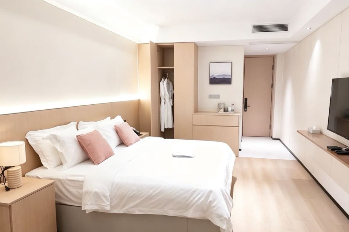 A modern hotel room with a bed, bedside table, TV, and a walk-in closet.