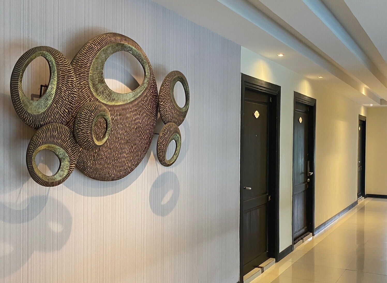 A modern hallway with a textured wall art installation and a series of doors.