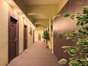A hotel hallway with wooden doors, a potted plant, and a mirror on the wall. - Mays By Rich Hotel (Istanbul)