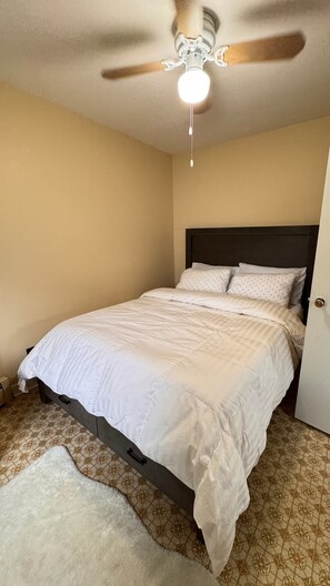 Ein Schlafzimmer mit einem Bett, einem Deckenventilator und einer Tür.