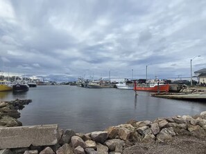 Ein Hafen mit vertäuten Booten, einer felsigen Küstenlinie und einem bewölkten Himmel.
