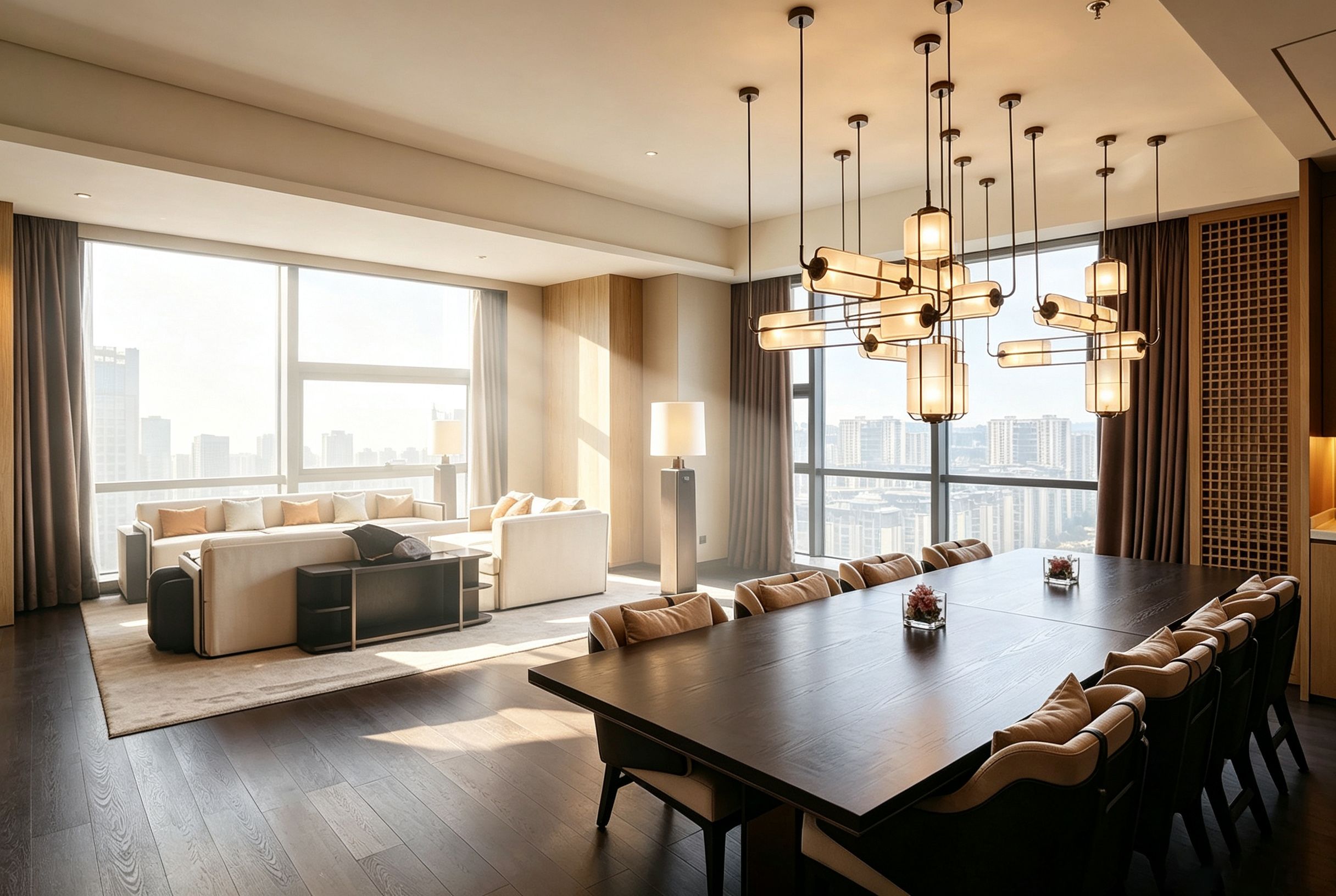 A modern hotel room with a large dining table, sofas, and a city view.
