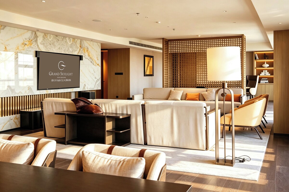 Una habitación de hotel moderna con pared de mármol, televisor, un conjunto de sofá, una mesa de centro y una lámpara de pie.