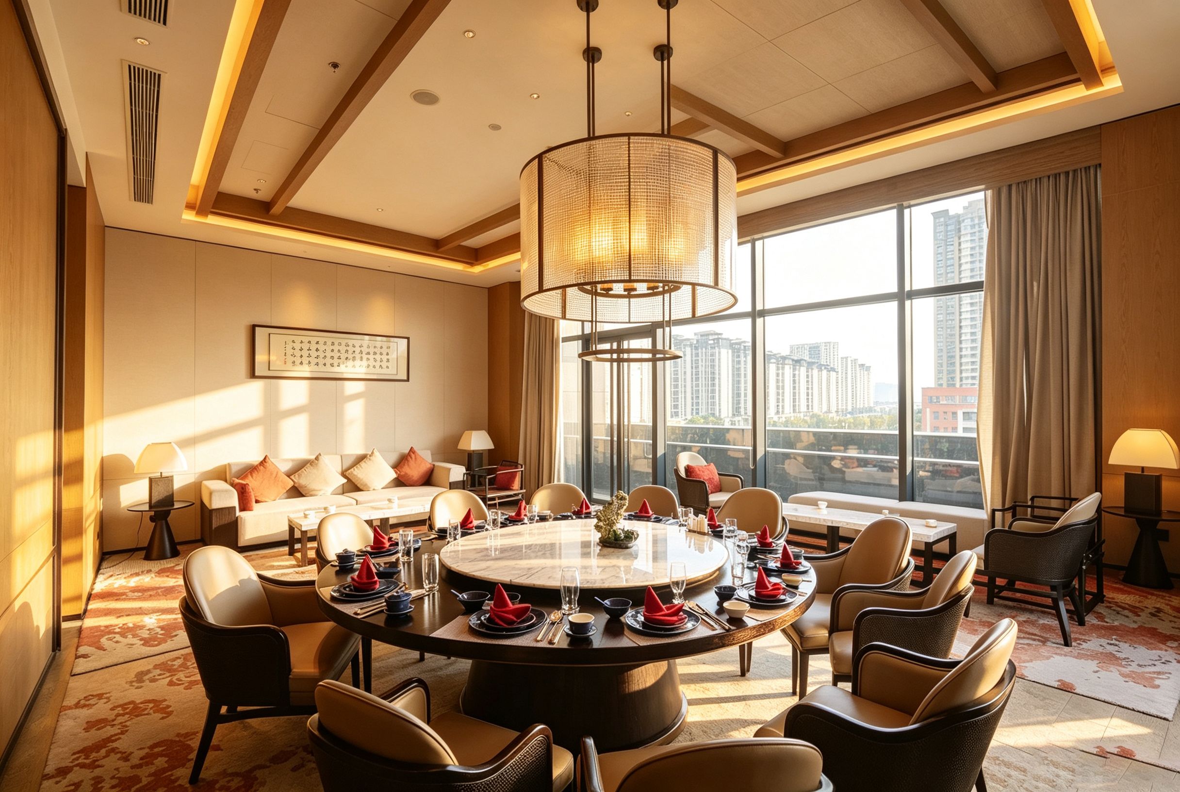 A hotel dining room with a round table set for a meal, surrounded by chairs, with a large window offering a city view.