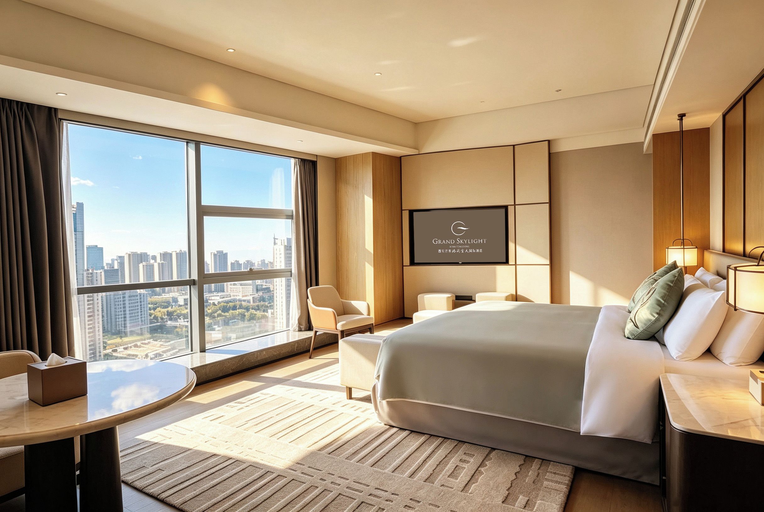 A modern hotel room with a large bed, a seating area, a TV, and a view of the cityscape.