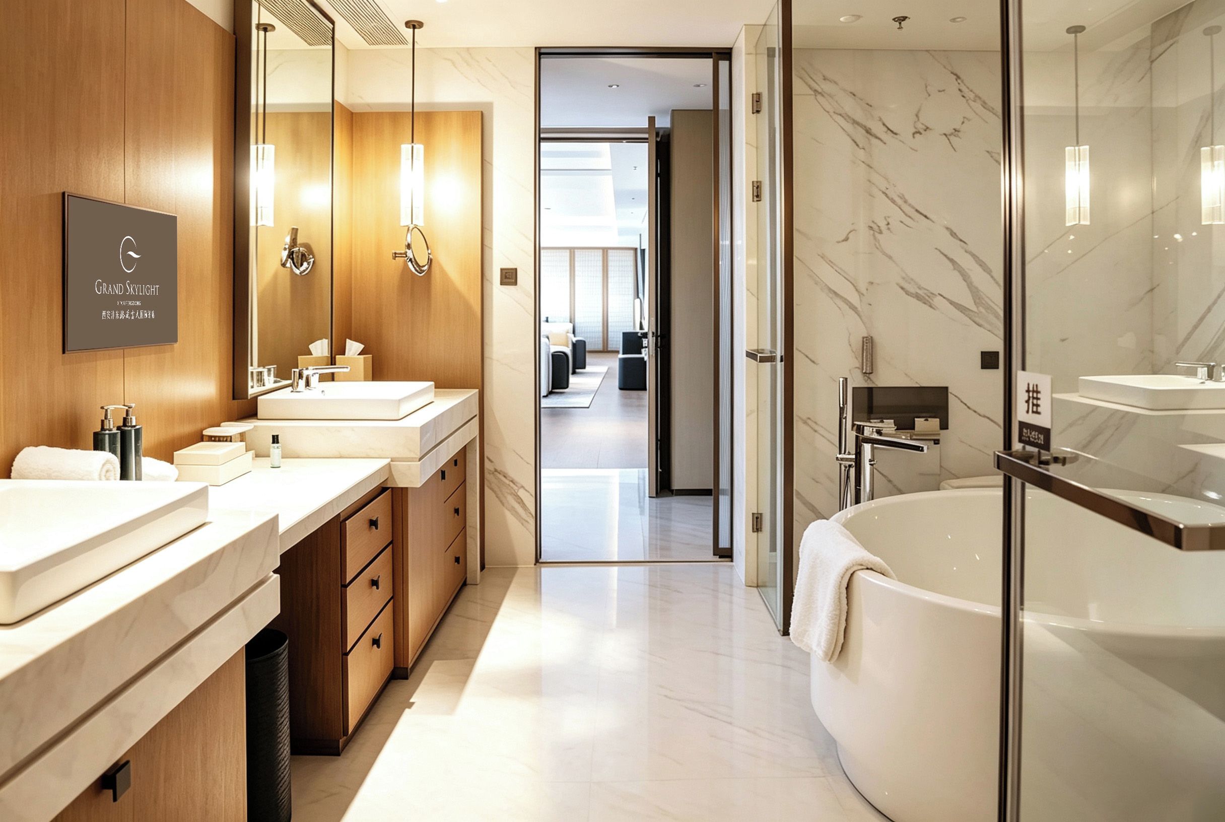 A modern bathroom with two sinks, a large bathtub, and a glass shower enclosure.