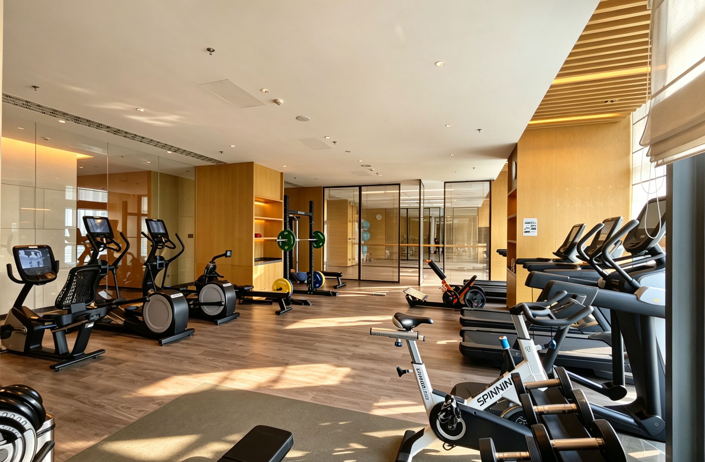 A modern gym with various cardio and strength training equipment, including treadmills, stationary bikes, and weight machines.