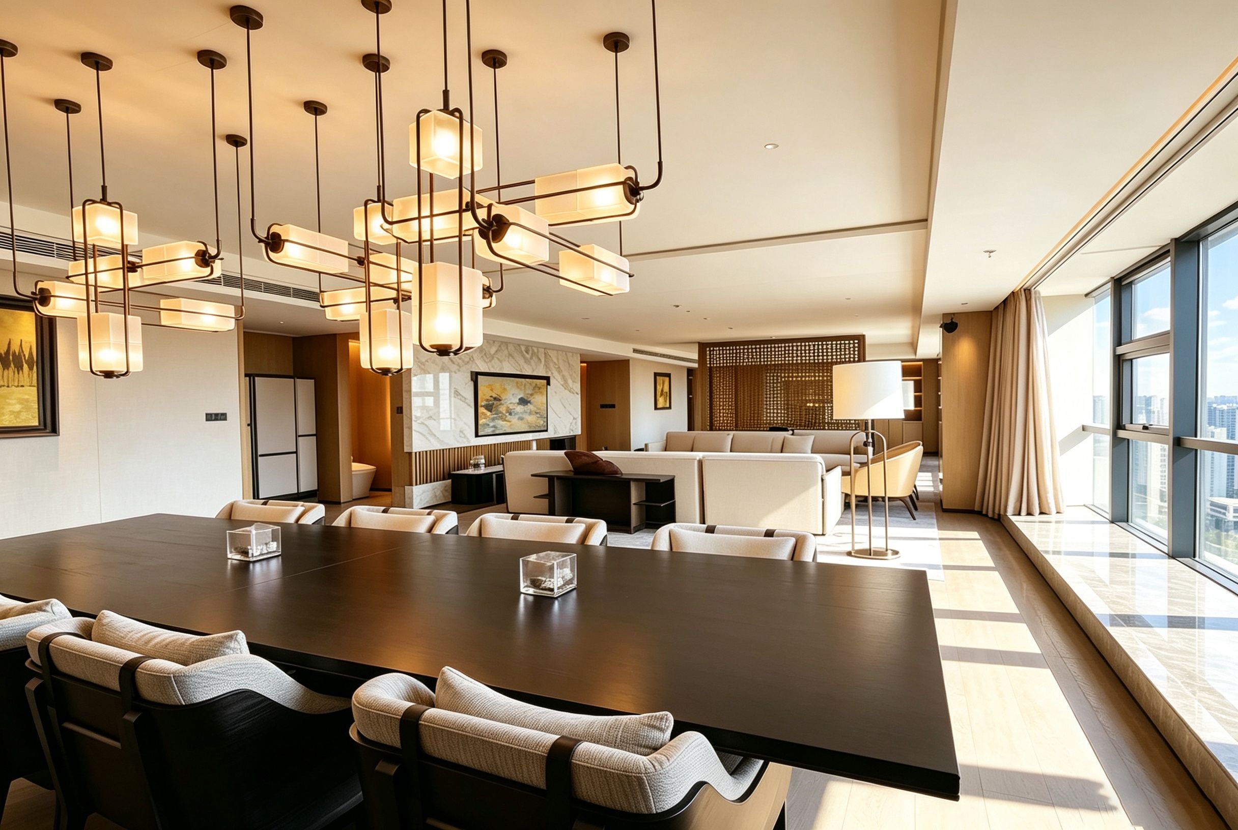 Habitación de hotel moderna con una amplia mesa de comedor, varias opciones de asiento, una zona de cocina y vistas a la ciudad a través de grandes ventanales.