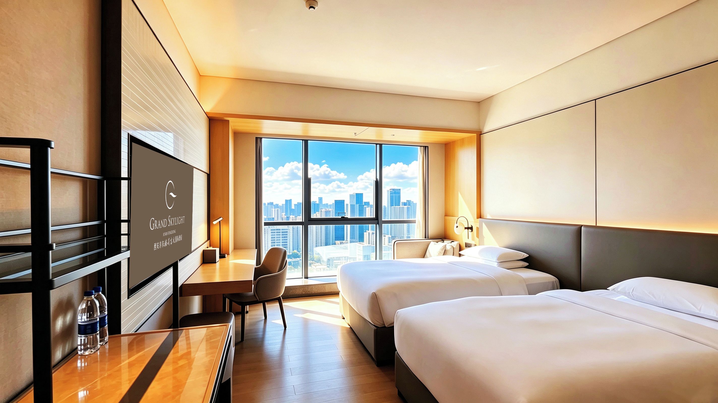 Habitación de hotel con vistas a la ciudad, dos camas, un escritorio, una silla y un televisor.