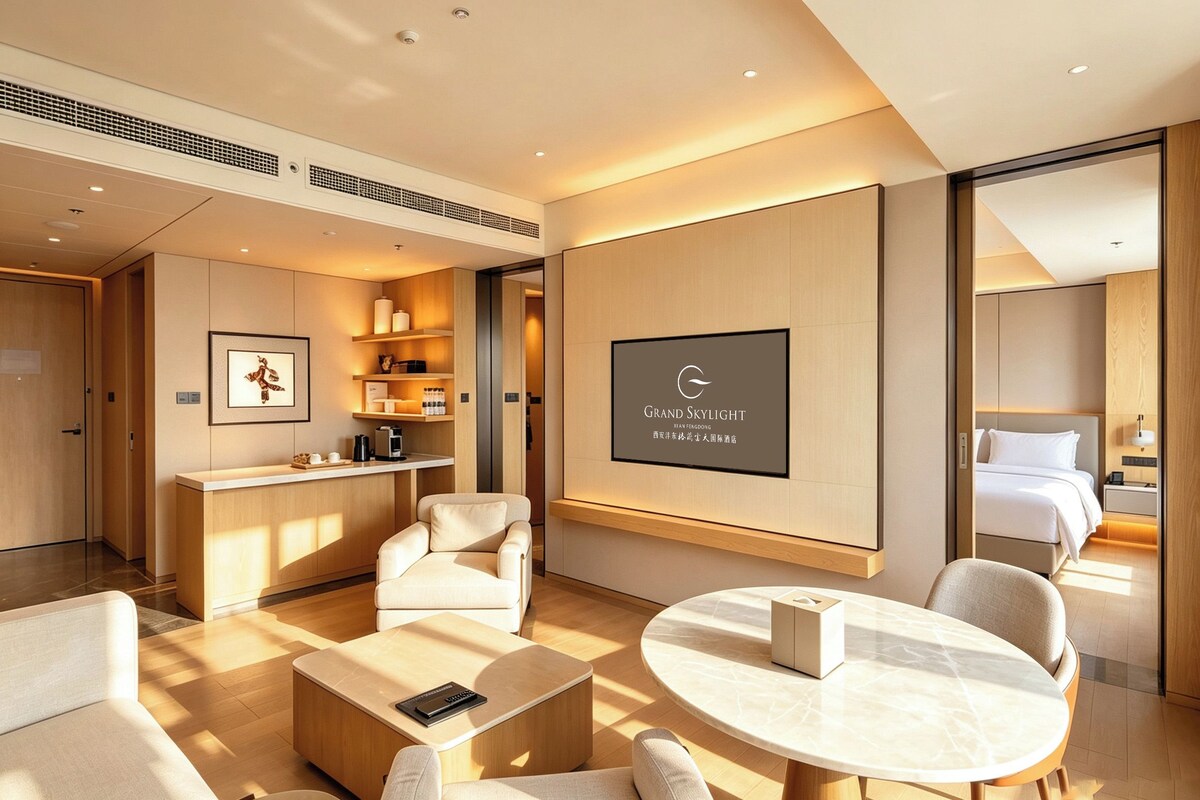 Een moderne hotelkamer met een bed, bureau, stoel, rond tafel en een televisie aan de muur.