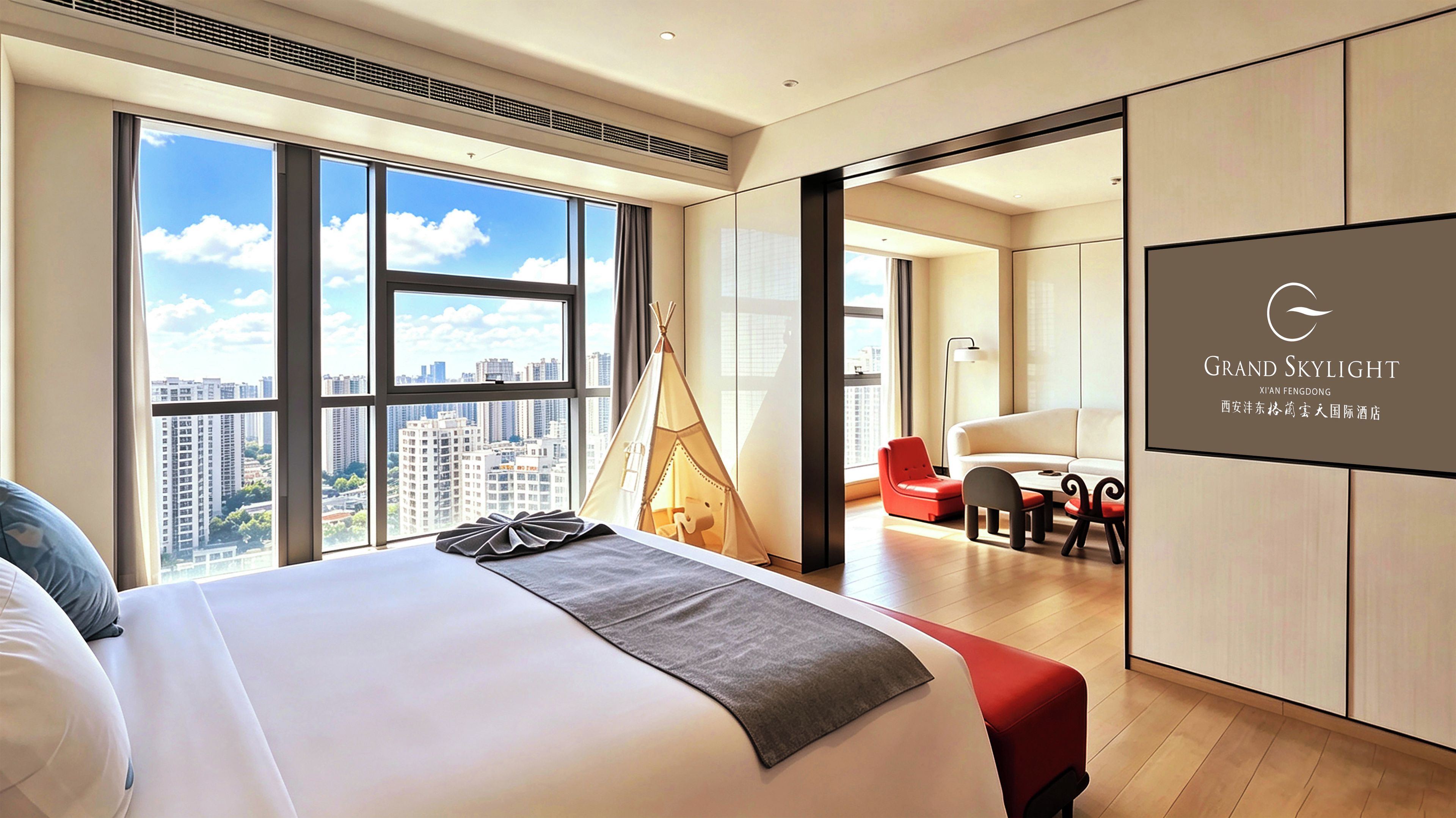 A modern hotel room with a large bed, a view of the city, a red chair, and a black lamp.