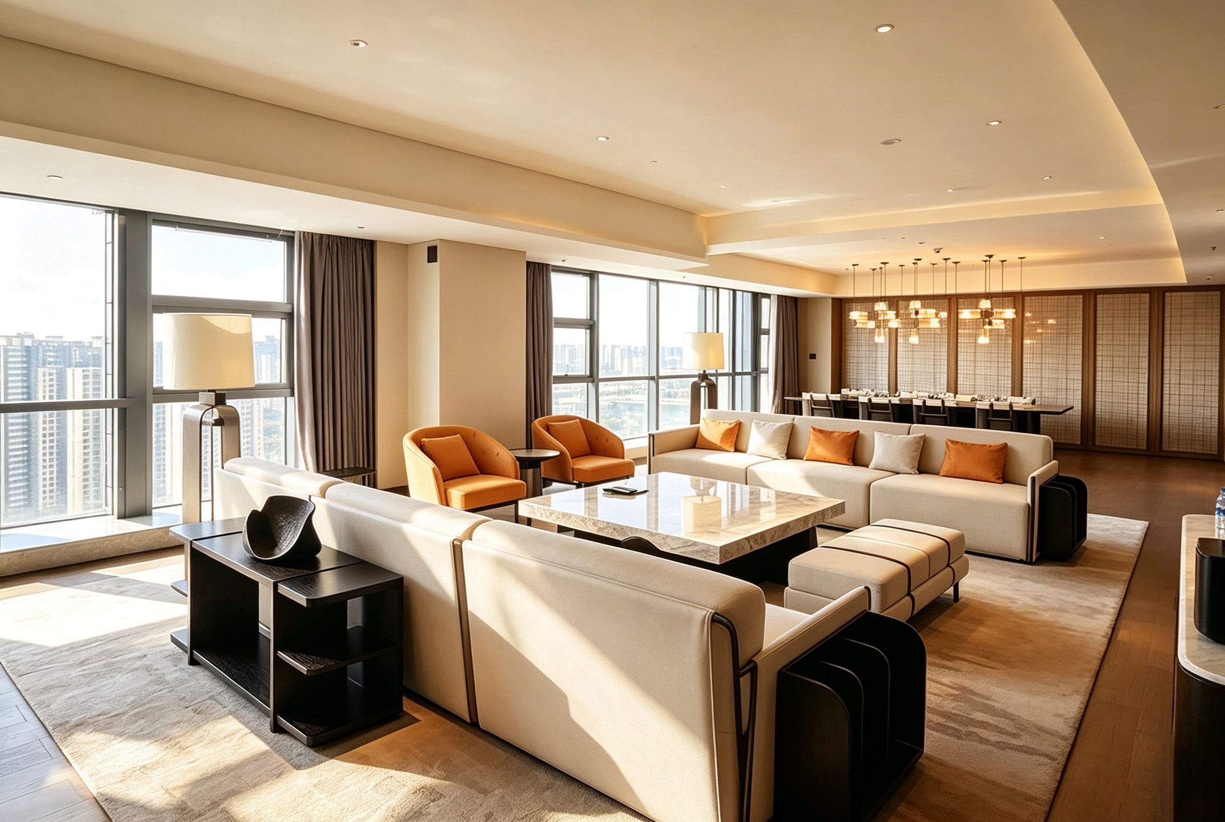 A modern hotel room with a large seating area, a dining table, and large windows offering a city view.